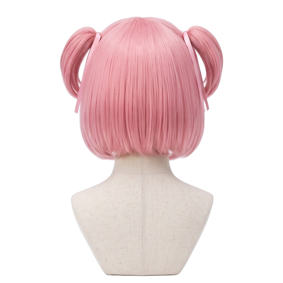 Back view of Natsuki cosplay wig showing short pastel pink hair and two small twin-tails tied with red ribbons