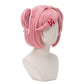Three-quarter view of Natsuki cosplay wig showing pastel pink hair, red ribbon twin-tails, side bangs, and forehead locks