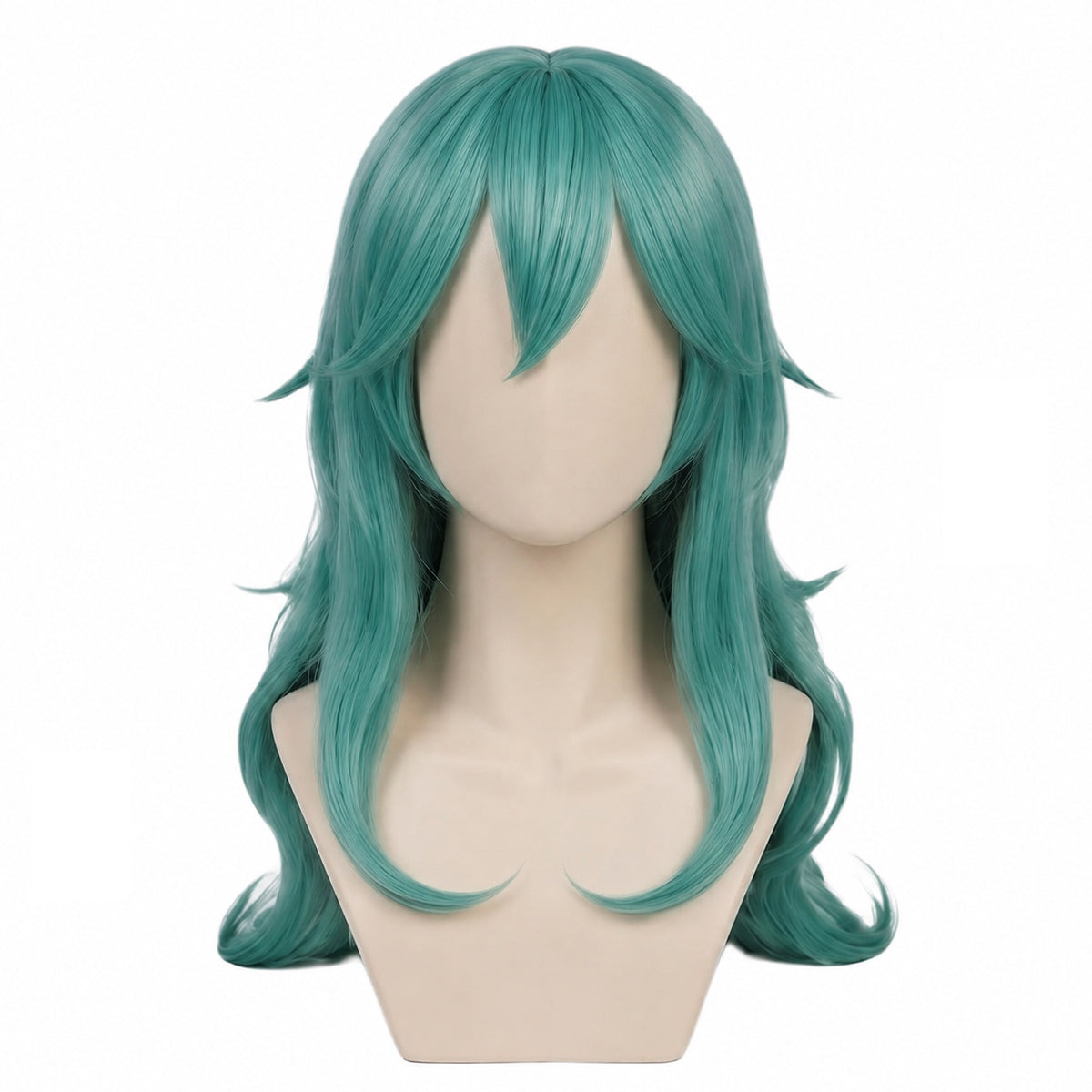 Front view of Nelliel Tu Odelschwanck cosplay wig with long wavy dark teal hair