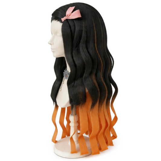 Left side view of Nezuko wig showing smooth waves, mannequin head with black to orange gradient wig on a white background