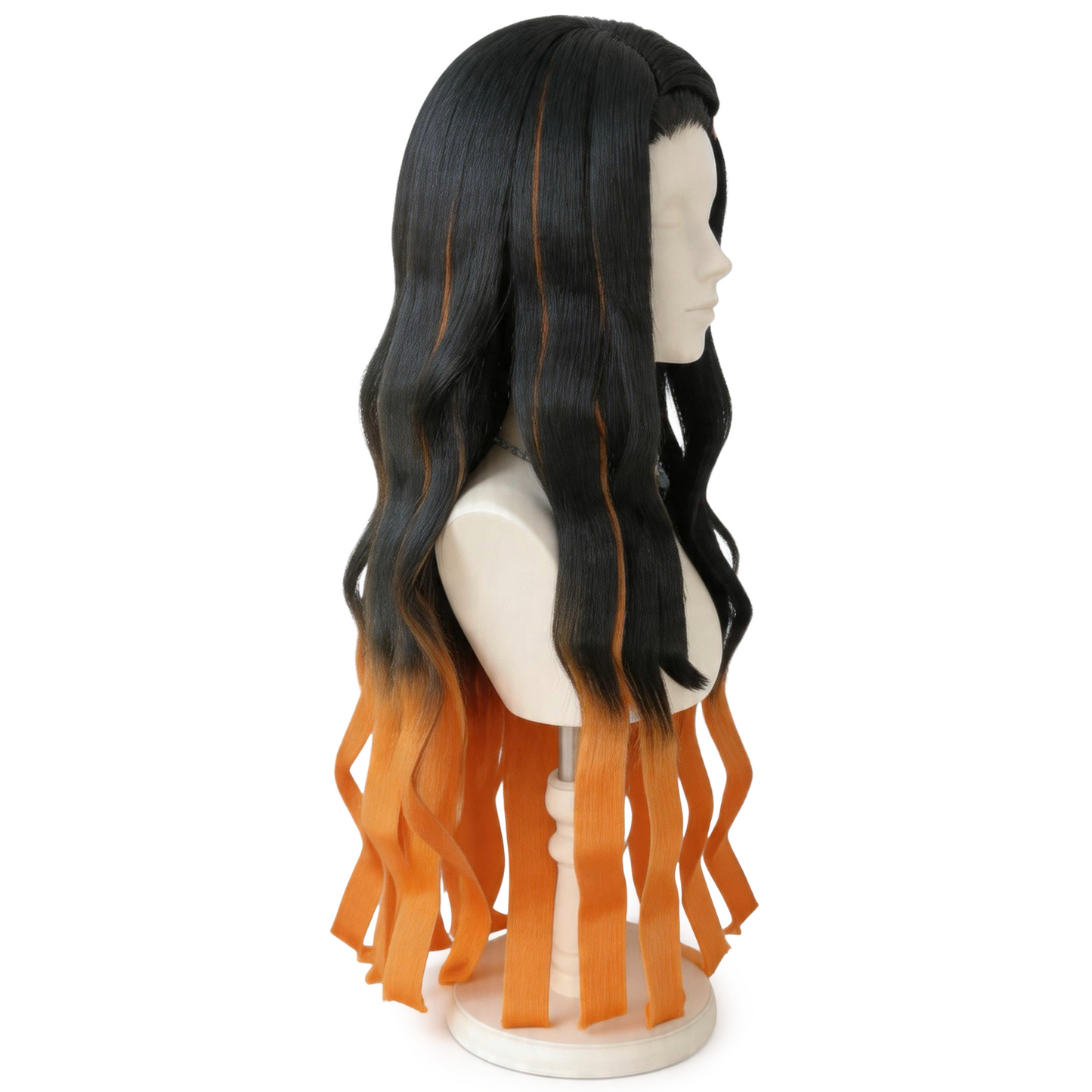 Right side view of Nezuko cosplay wig fibers showing silky texture and vibrant color