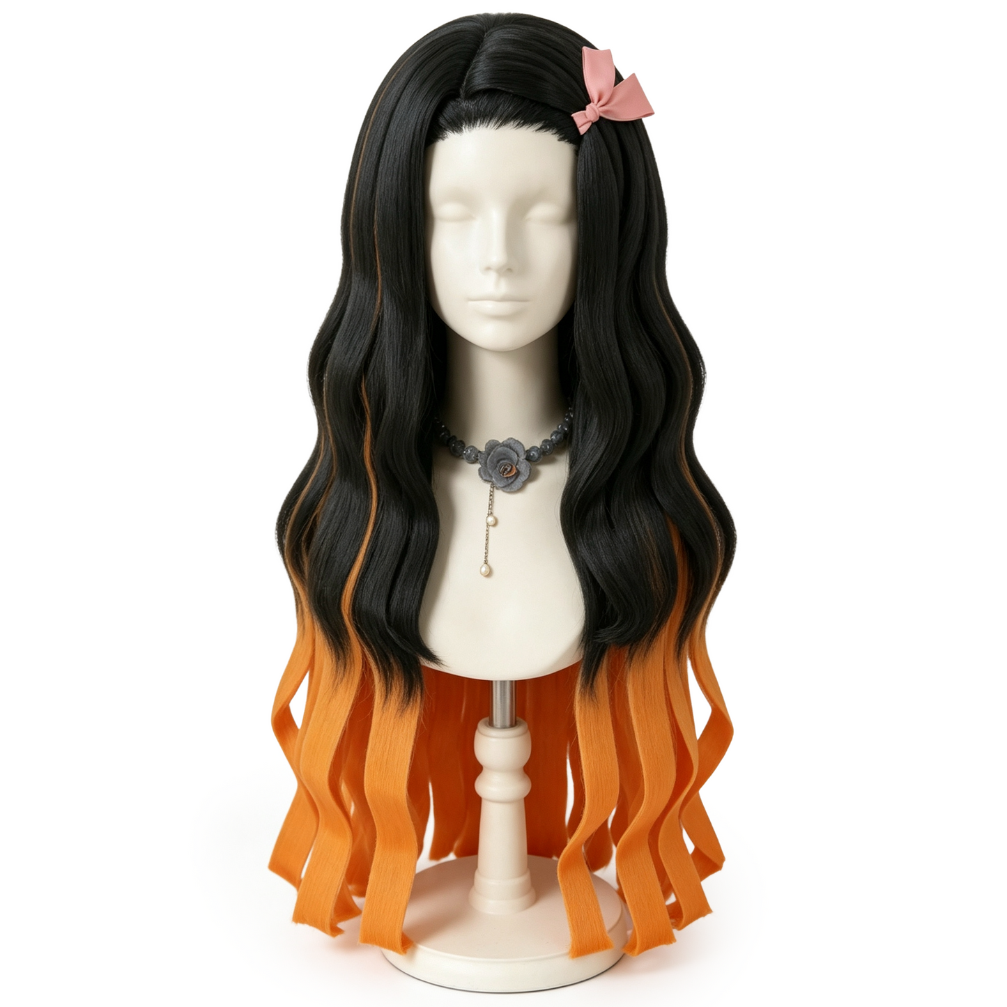 Front view of Nezuko Kamado cosplay wig with long dark-to-orange flowing hair