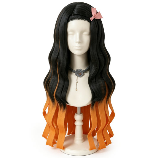 Front view of Nezuko Kamado cosplay wig with long dark-to-orange flowing hair