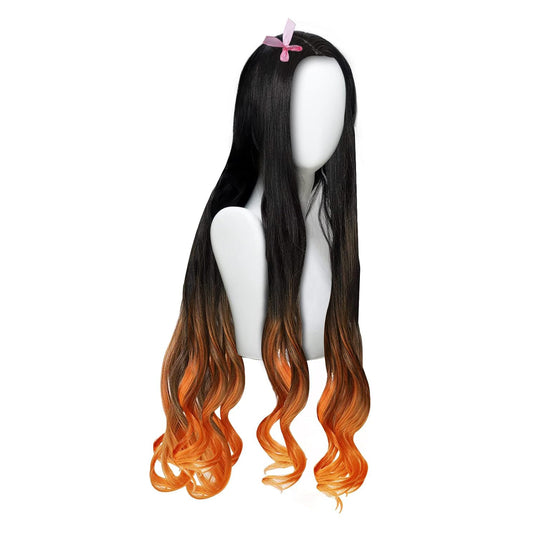 Anime Kamado Nezuko Cosplay Wig, Demon Slayer: Kimetsu no Yaiba Costume Long Natural Black Gradient Dark Orange Curly Hair Wigs