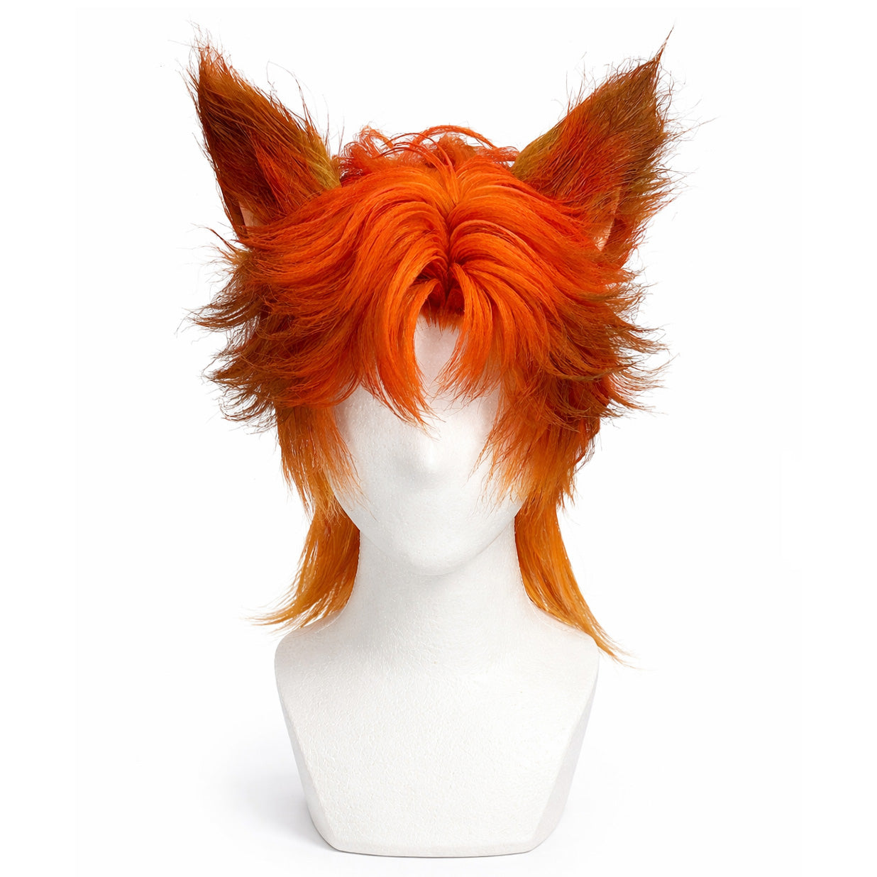 Front view of Nick Wilde cosplay wig in reddish-orange textured styling