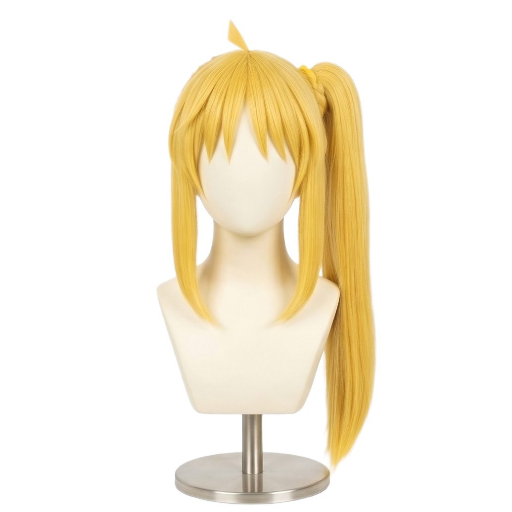 Front view of Nijika Ijichi cosplay wig with long blonde side ponytail