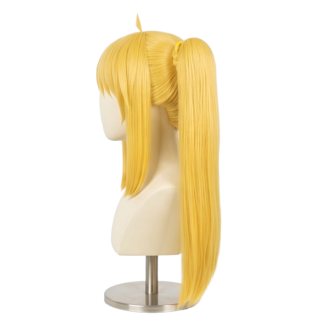 Side view of Nijika wig showing soft layered blonde hair