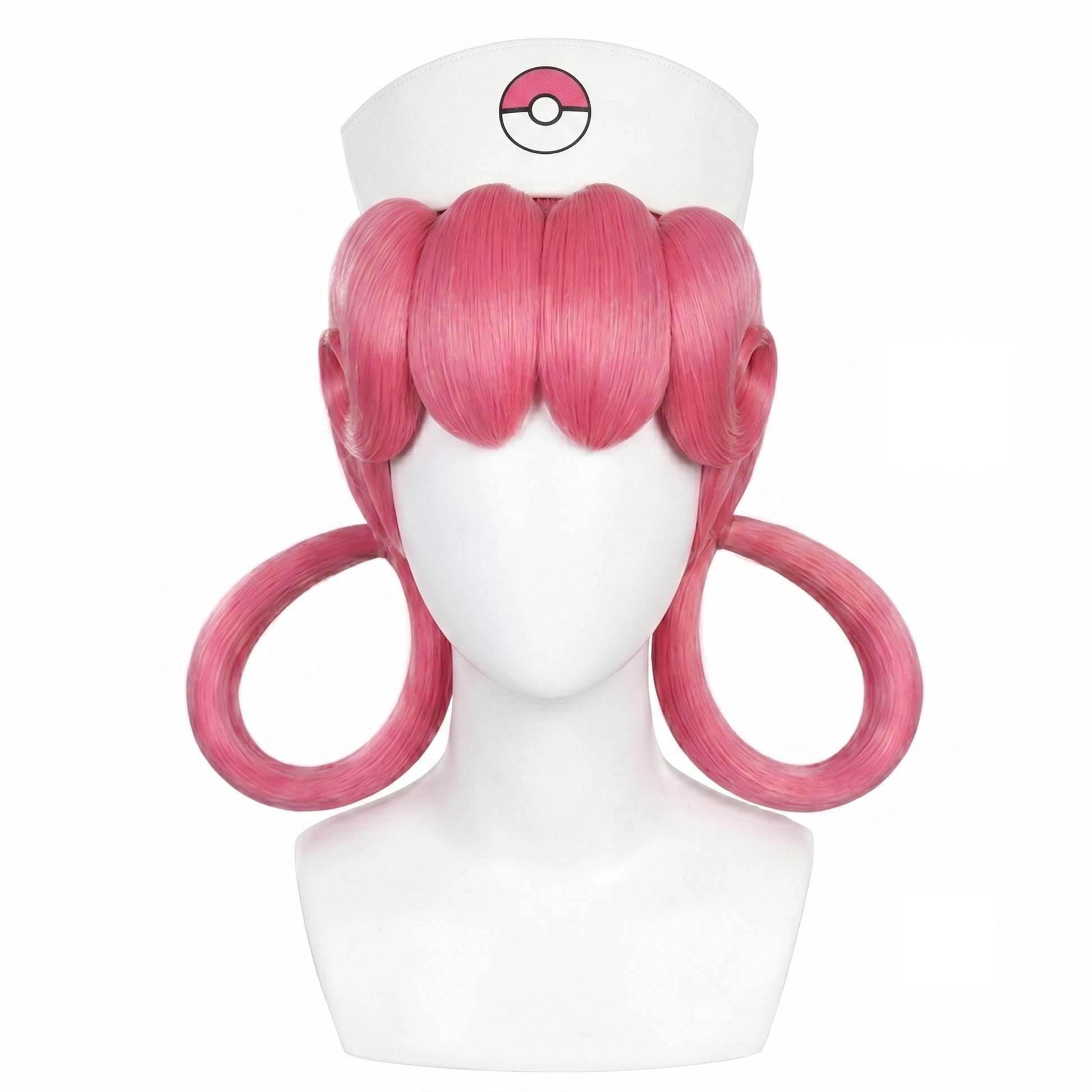 Nurse Joy cosplay wig with bright pink hair and round side rings