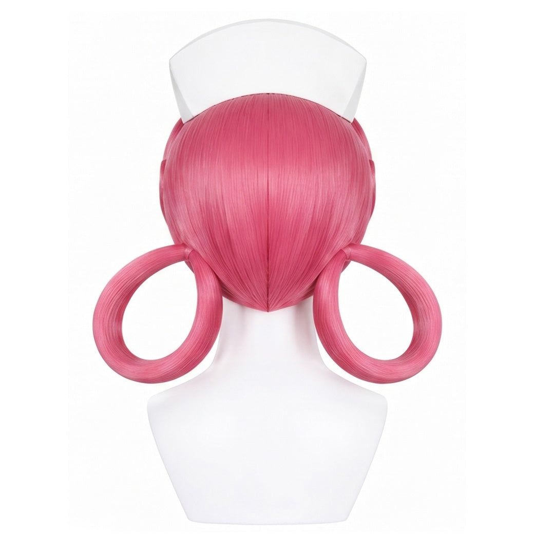 Back view of Nurse Joy wig with soft pink layered styling