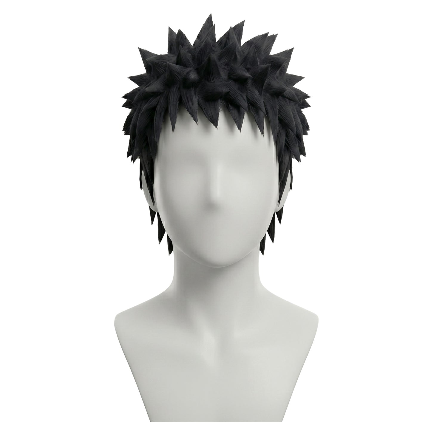 Front view of Obito Uchiha cosplay wig with short spiky black hair