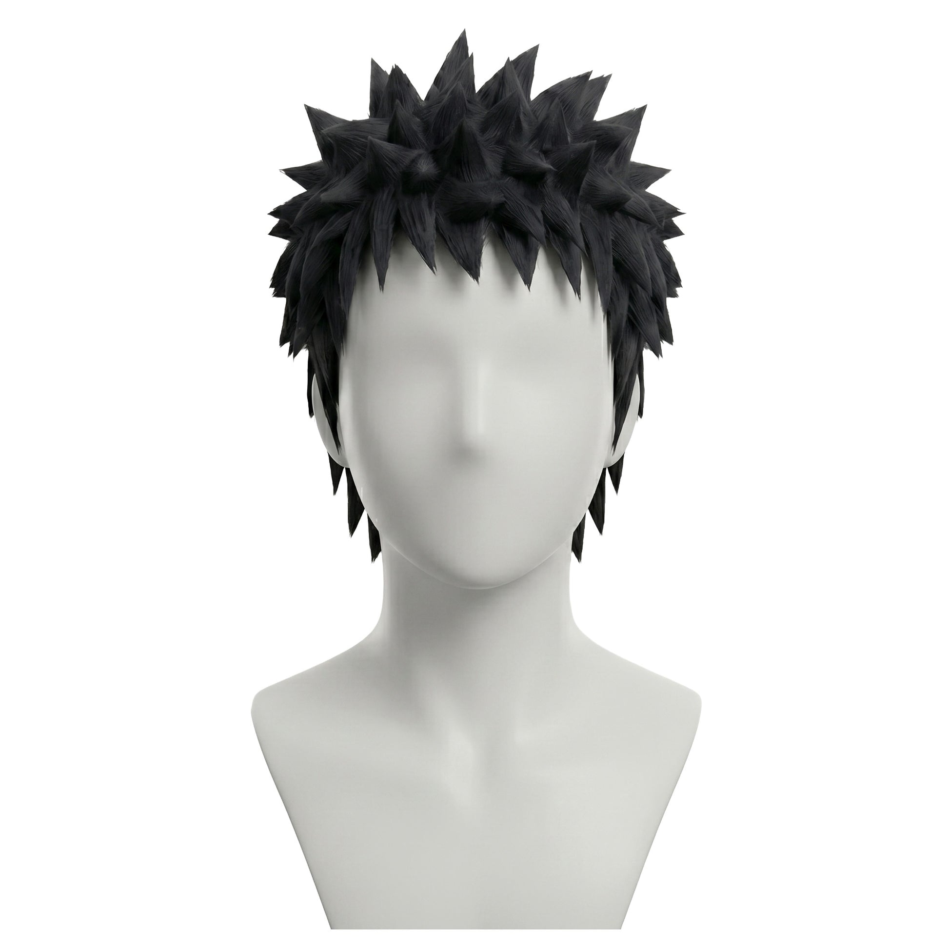 Front view of Obito Uchiha cosplay wig with short spiky black hair