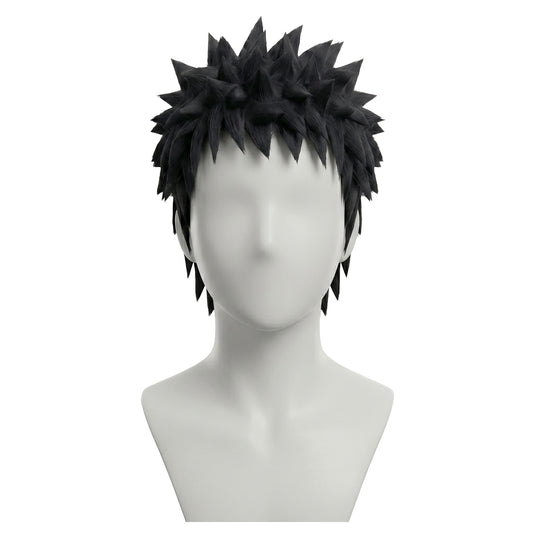 Front view of Obito Uchiha cosplay wig with short spiky black hair