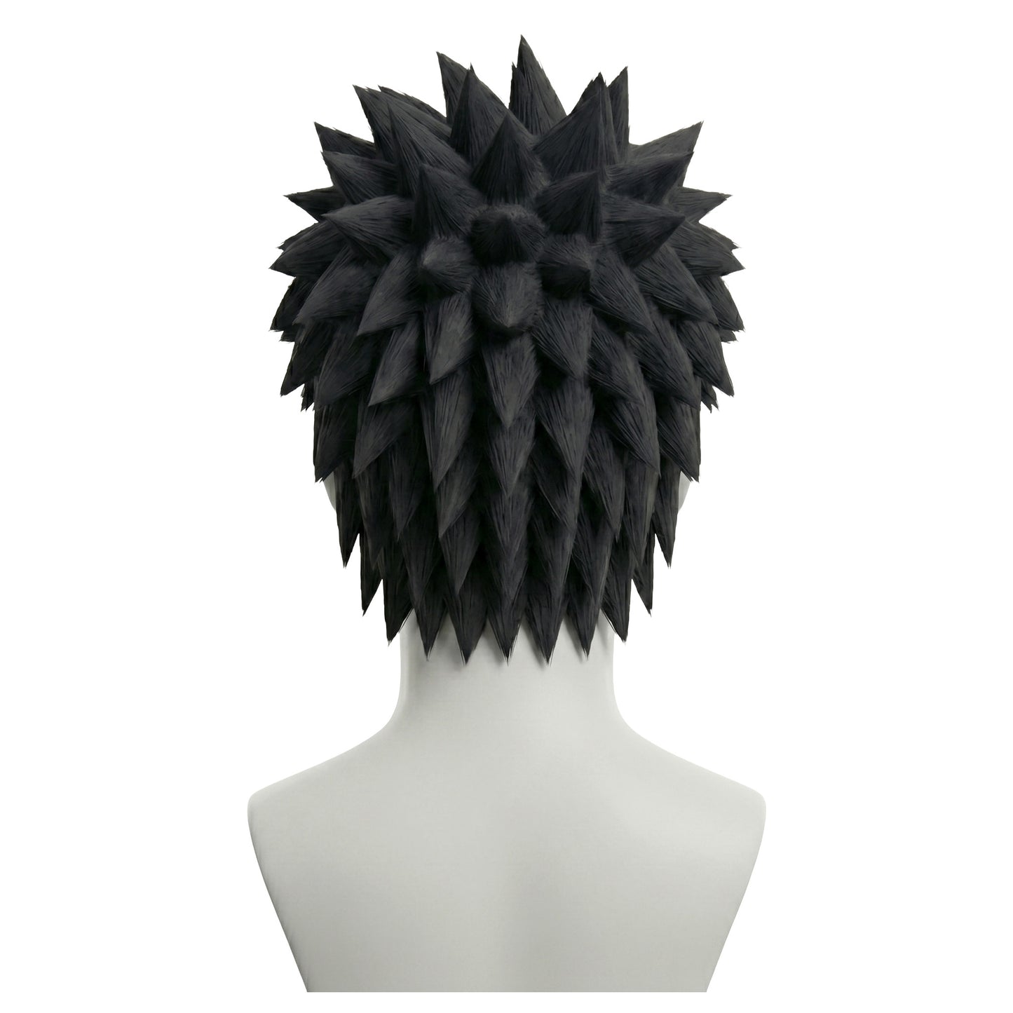 Back view of Naruto Obito Uchiha cosplay wig with layered black hair