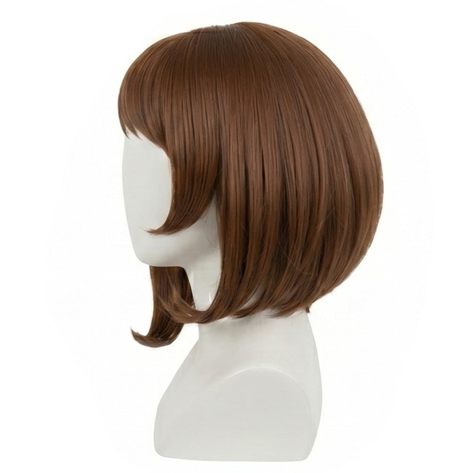 Side view of brown Ochaco Uraraka basic cosplay wig