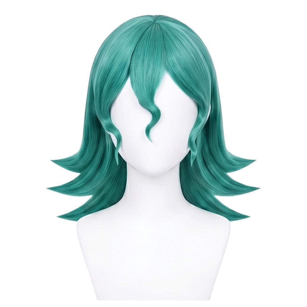 Front view of Officer Jenny cosplay wig with dark teal anime hair