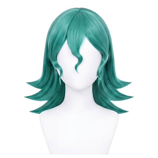 Front view of Officer Jenny cosplay wig with dark teal anime hair