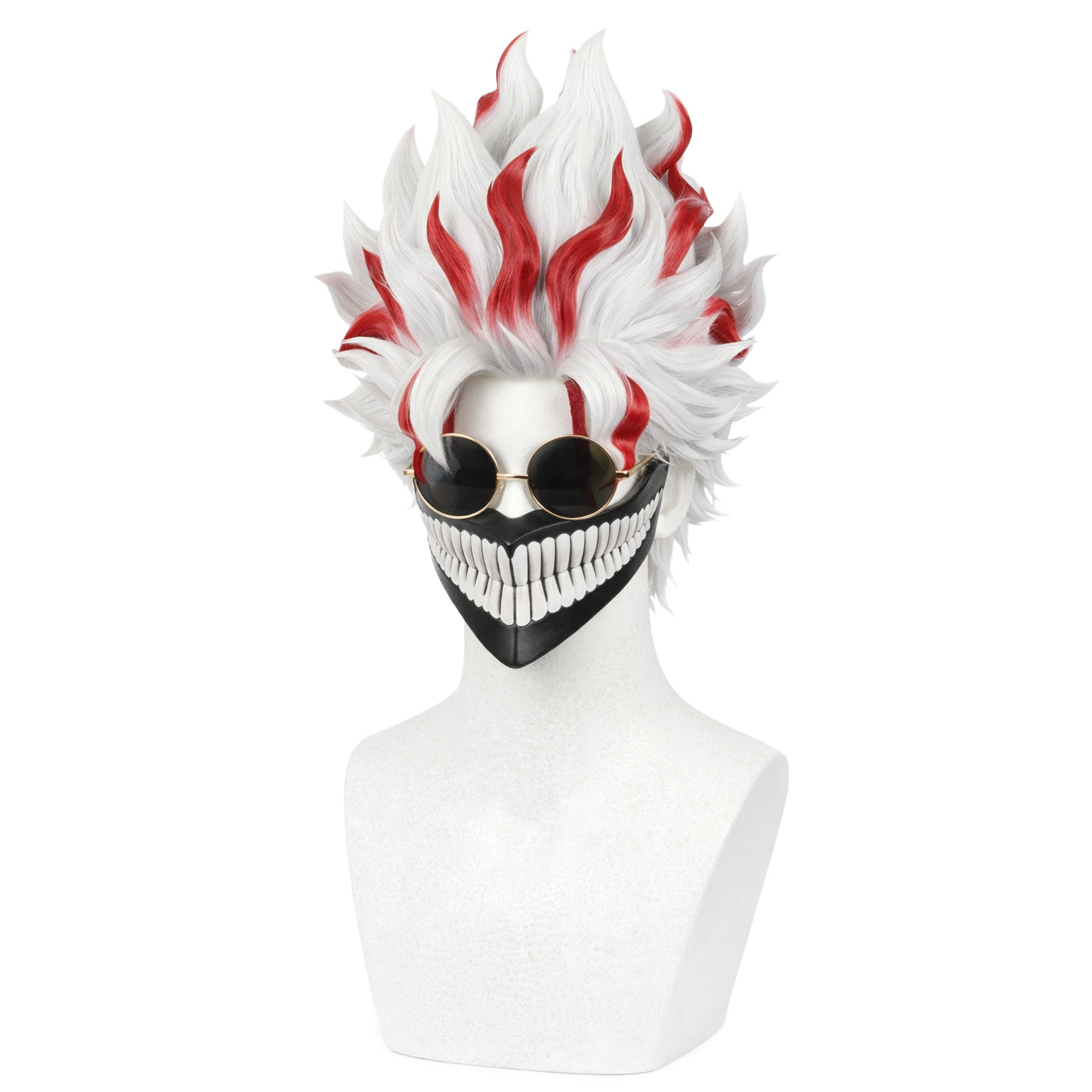 Front view of Okarun wig showing accurate styling and volume with white and red spiky hair on a mannequin head against a white background