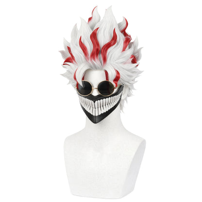 Front view of Okarun wig showing accurate styling and volume with white and red spiky hair on a mannequin head against a white background