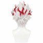 Back view showing wig layers and structure for Okarun’s Turbo Granny look, white and red wig on a mannequin head against a white background