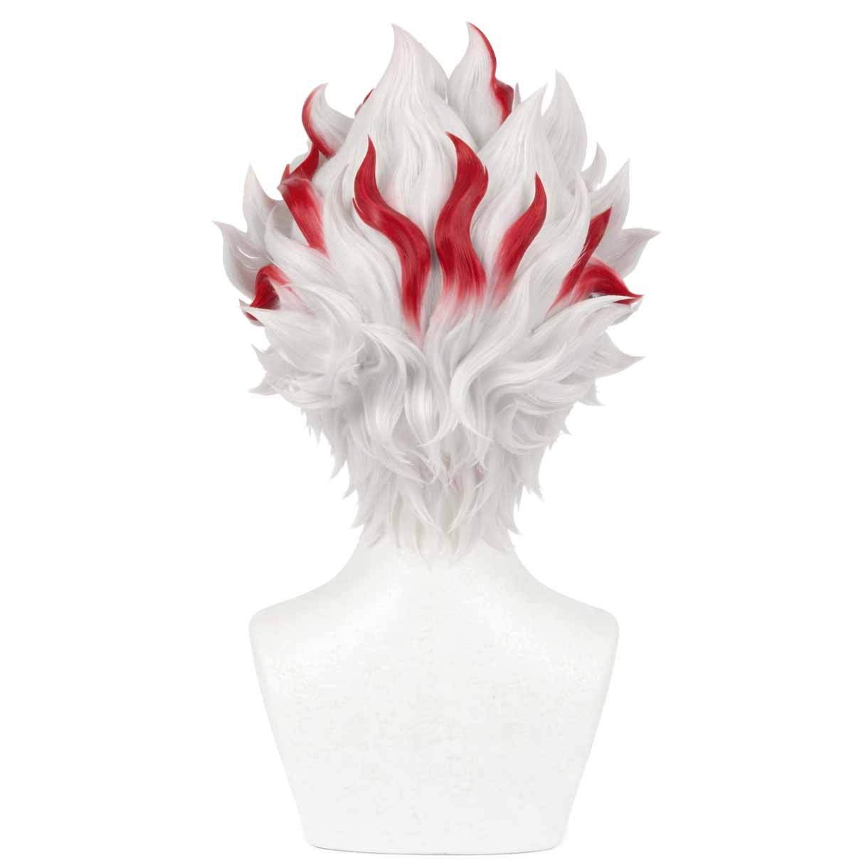 Back view showing wig layers and structure for Okarun’s Turbo Granny look, white and red wig on a mannequin head against a white background