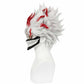 Side view of Okarun cosplay wig highlighting playful character-accurate shape, white wig with red accents on a white mannequin head