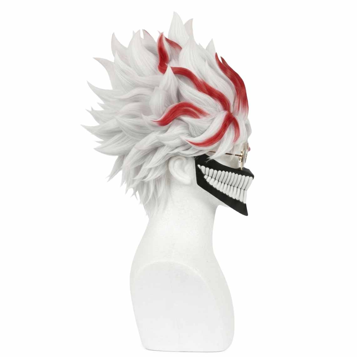 Side view of Orkun white and red wig on a mannequin head