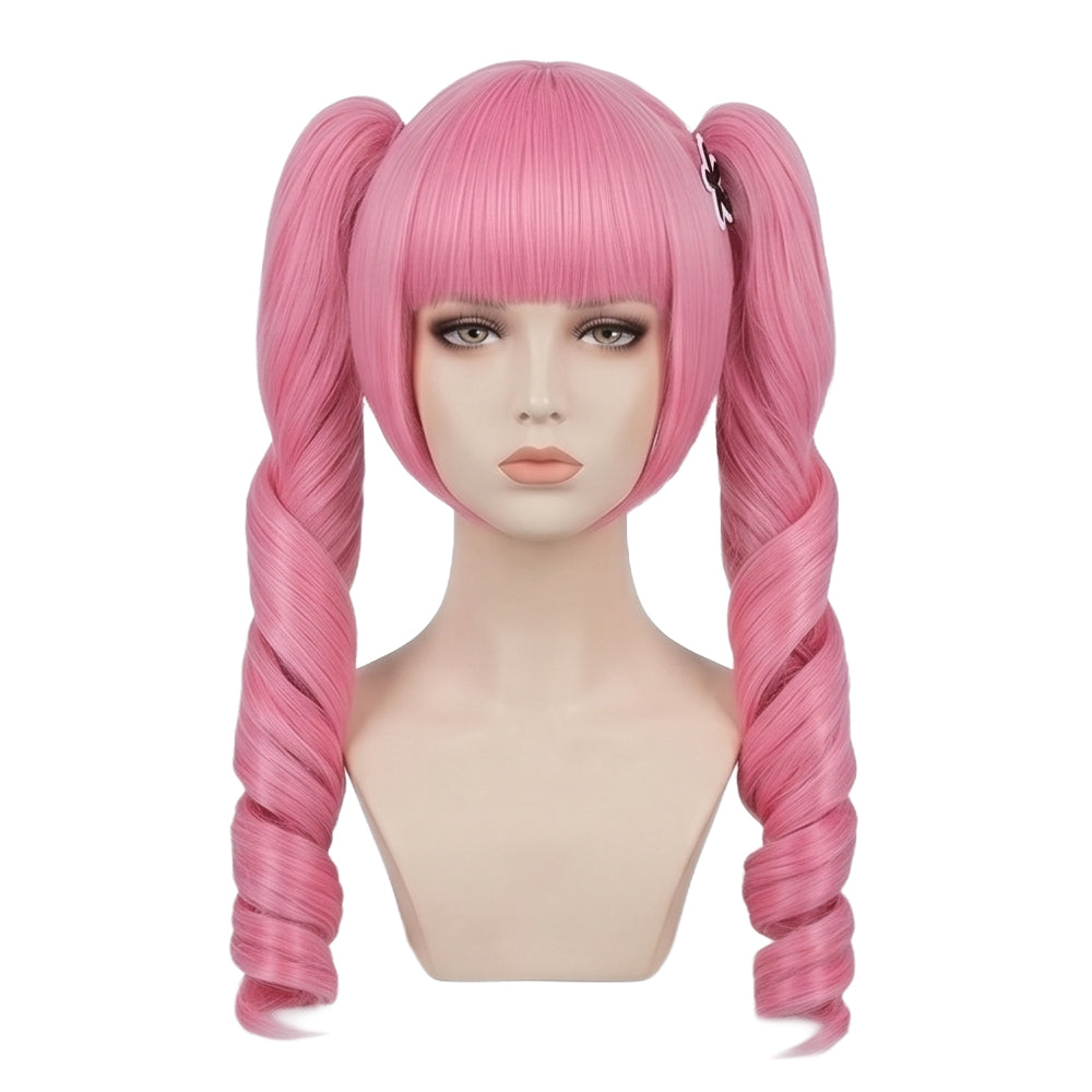 Front view of Perona cosplay wig in pink, basic style ready to trim and style