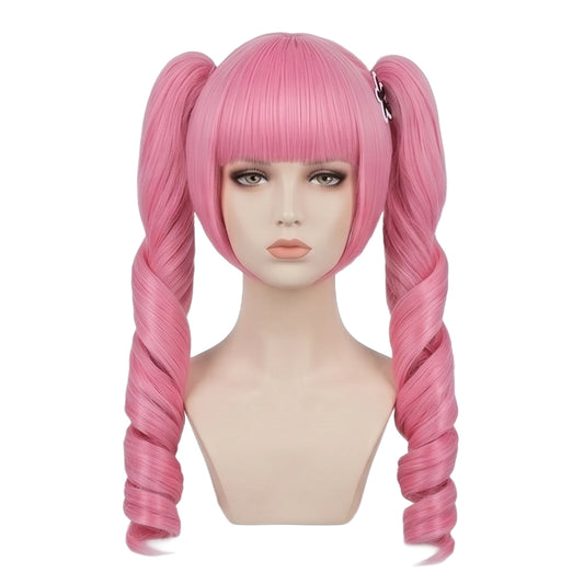 Front view of Perona cosplay wig in pink, basic style ready to trim and style