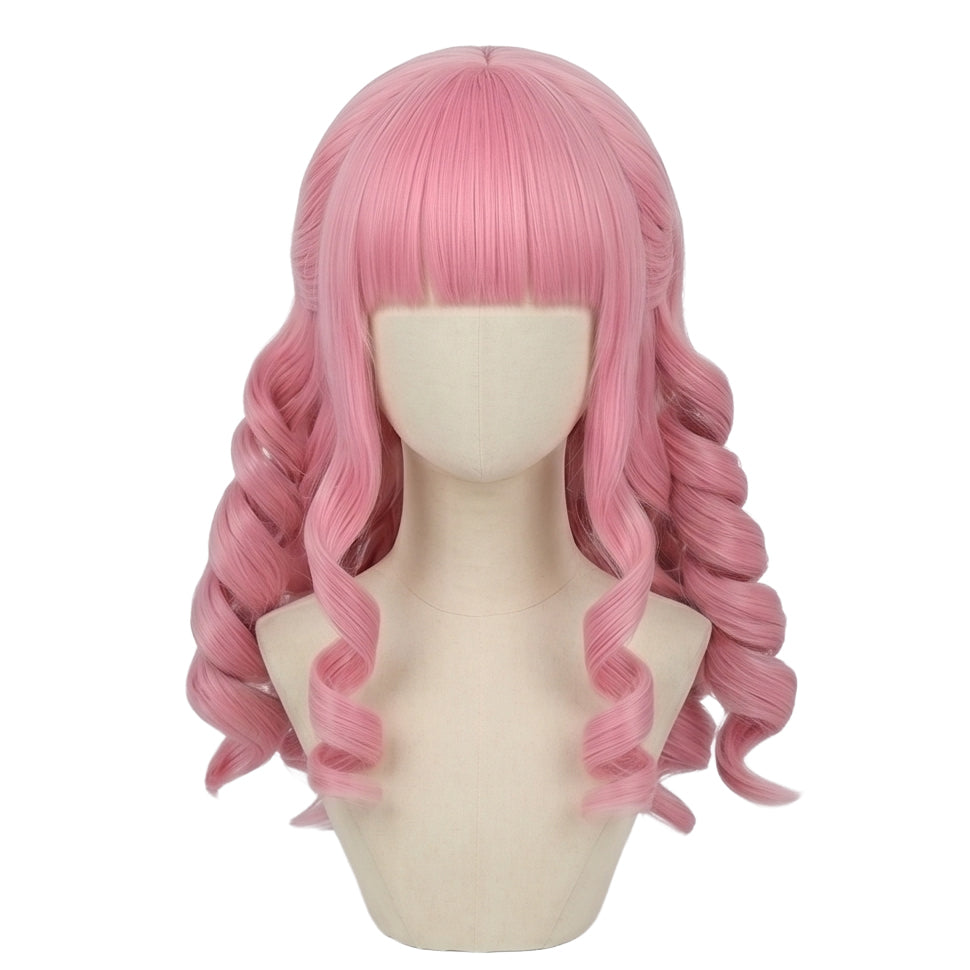 Front view of Perona cosplay wig with long waist-length light pink curls