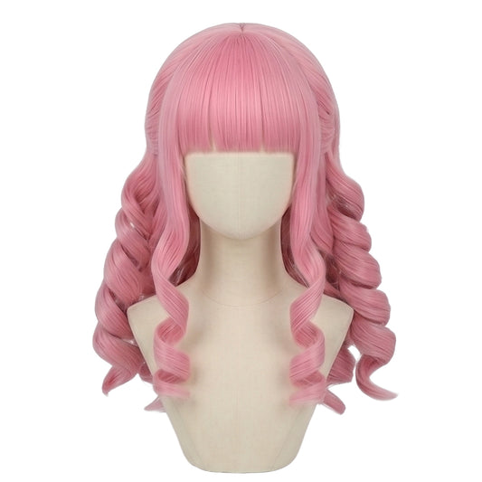 Front view of Perona cosplay wig with long waist-length light pink curls
