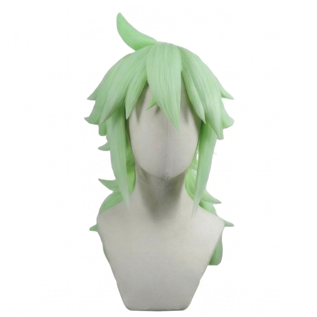 Front view of N Pokémon cosplay wig with tea green layered hair