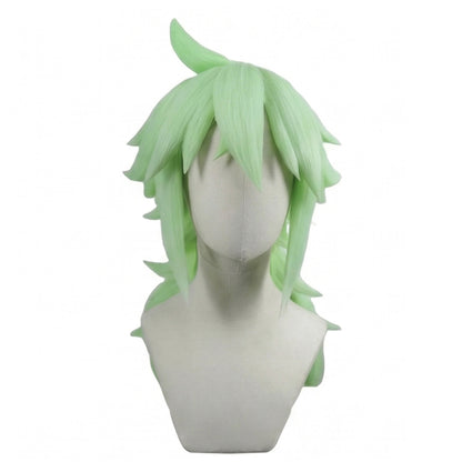 Front view of N Pokémon cosplay wig with tea green layered hair