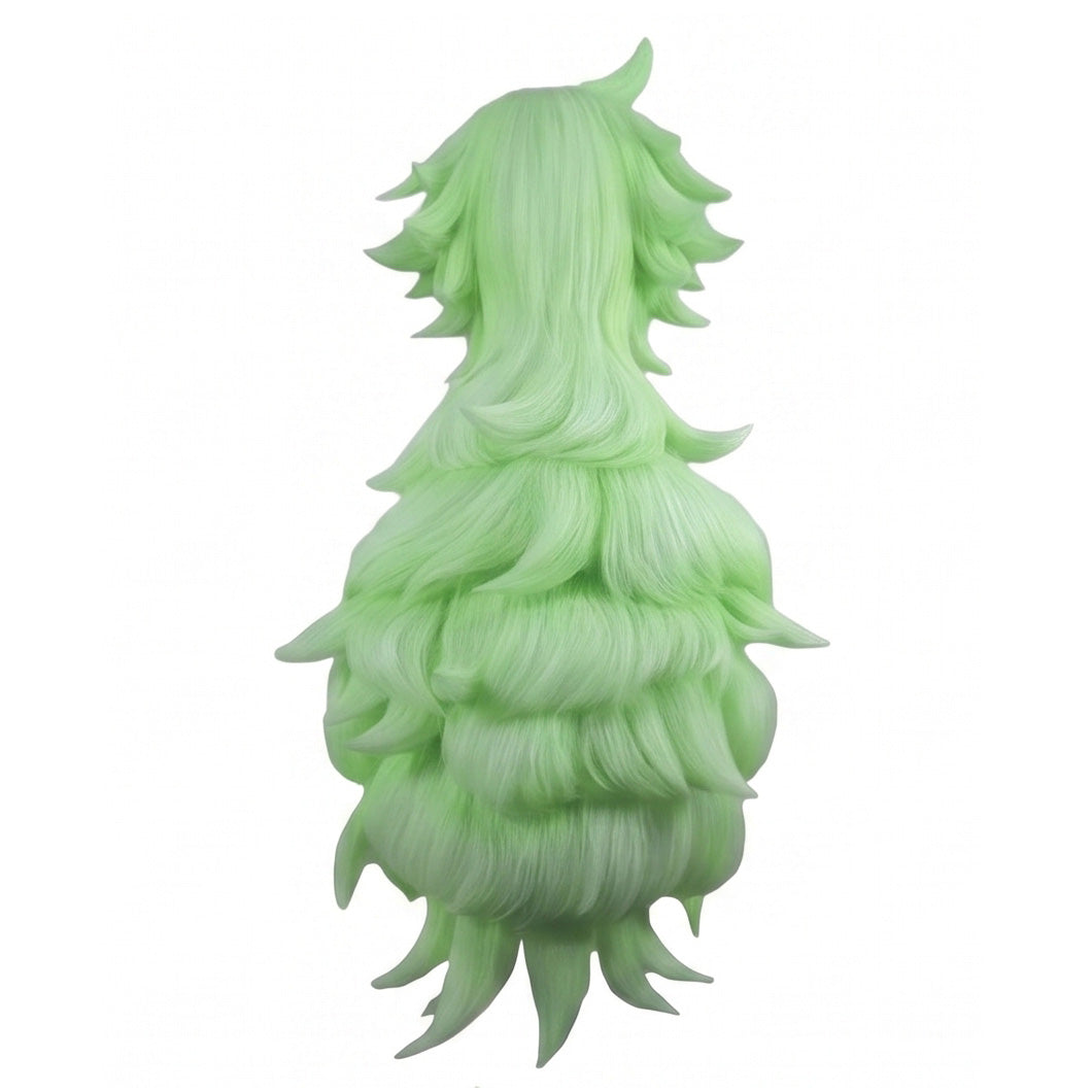 Back view of Pokémon N cosplay wig with long tea green ponytail