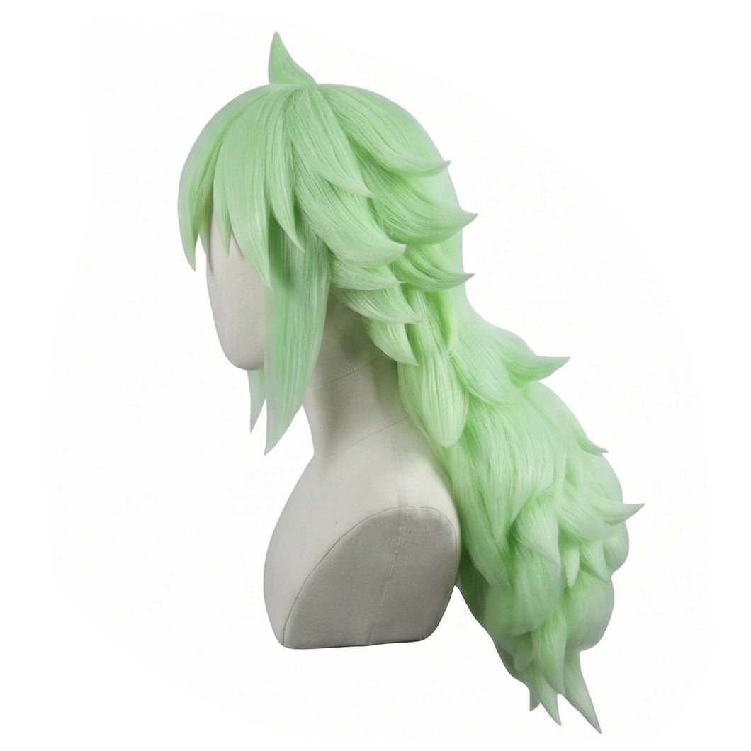 Side view of N wig showing fluffy low ponytail and face-framing strands