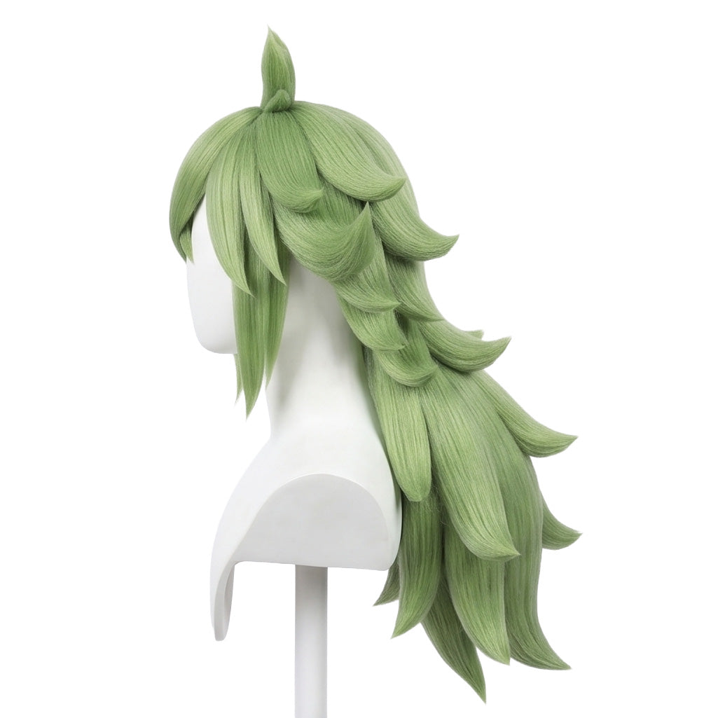 Side view of N wig showing fluffy low ponytail and face-framing strands