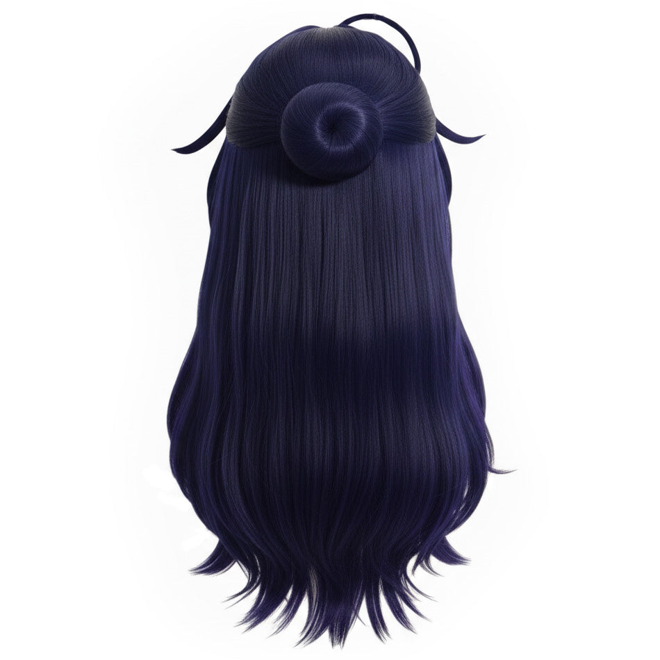 Back view of long purple Raiden Mei cosplay wig