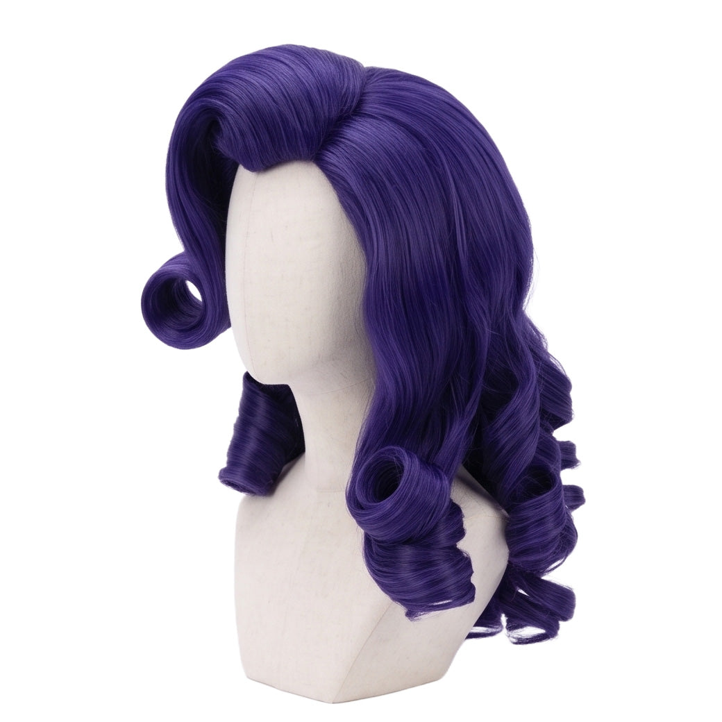 Rarity My Little Pony purple cosplay wig with bouncy curls and voluminous waves, three-quarter view