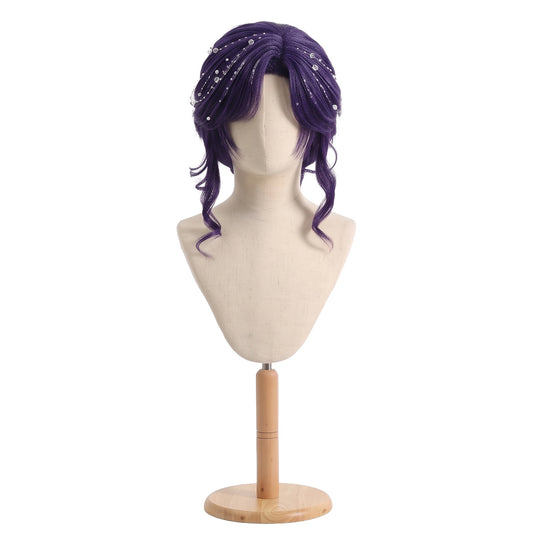 Velvette cosplay wig from Hazbin Hotel with long desire-red curly pigtails, bangs, and white swirl streaks
