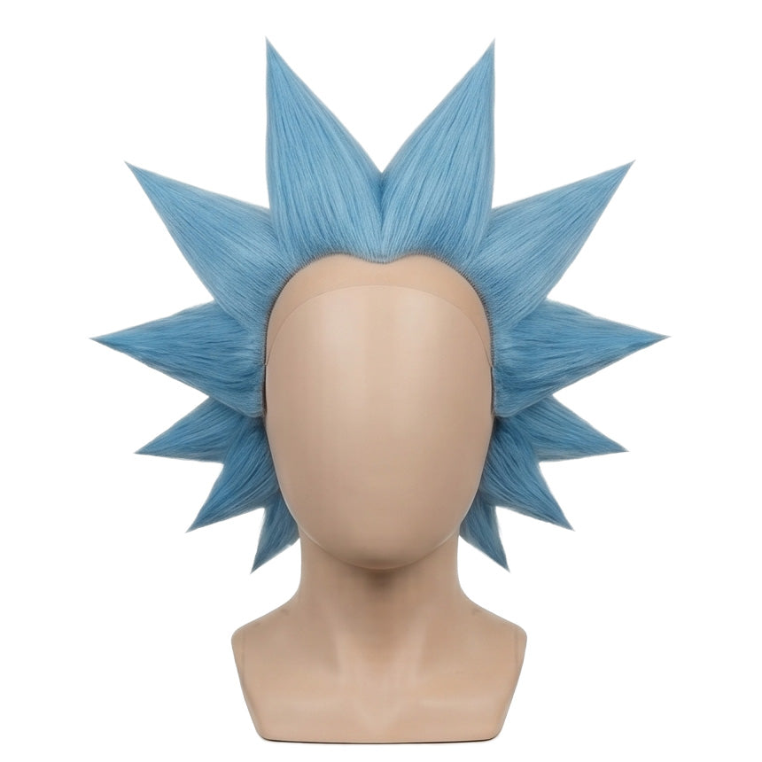 Front view of Rick Sanchez cosplay wig with iconic blue spiky hair