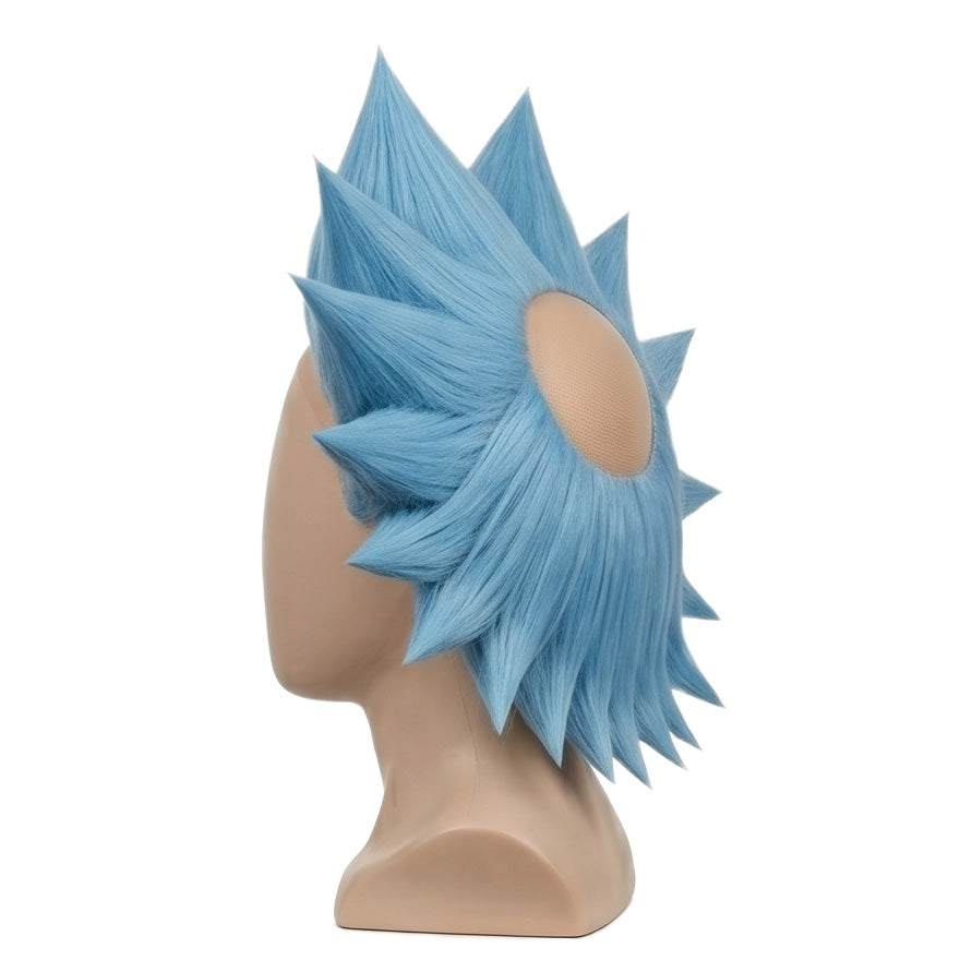 Side view of Rick Sanchez wig showing sculpted spikes and animated styling
