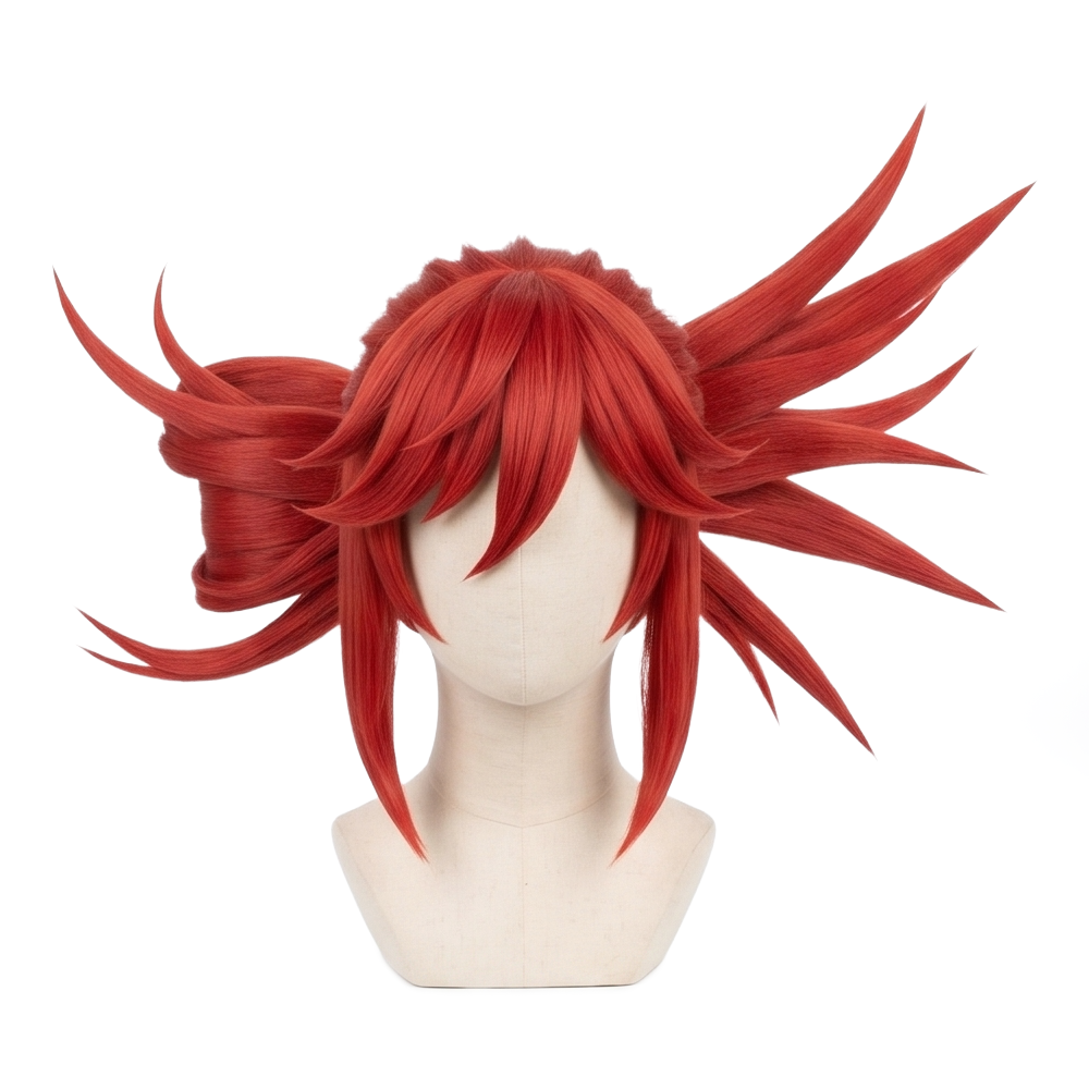 Front view of Riyo Reaper cosplay wig with long messy red hair