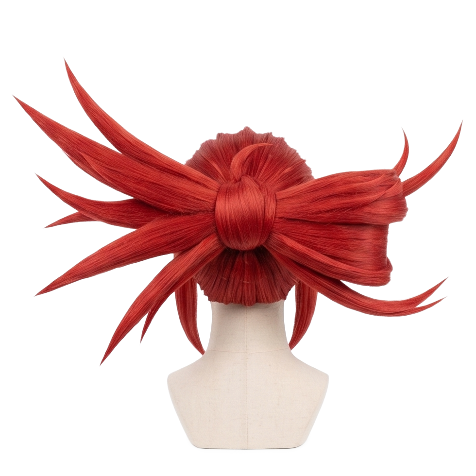 Back view of Gachiakuta Riyo cosplay wig with layered crimson-red hair