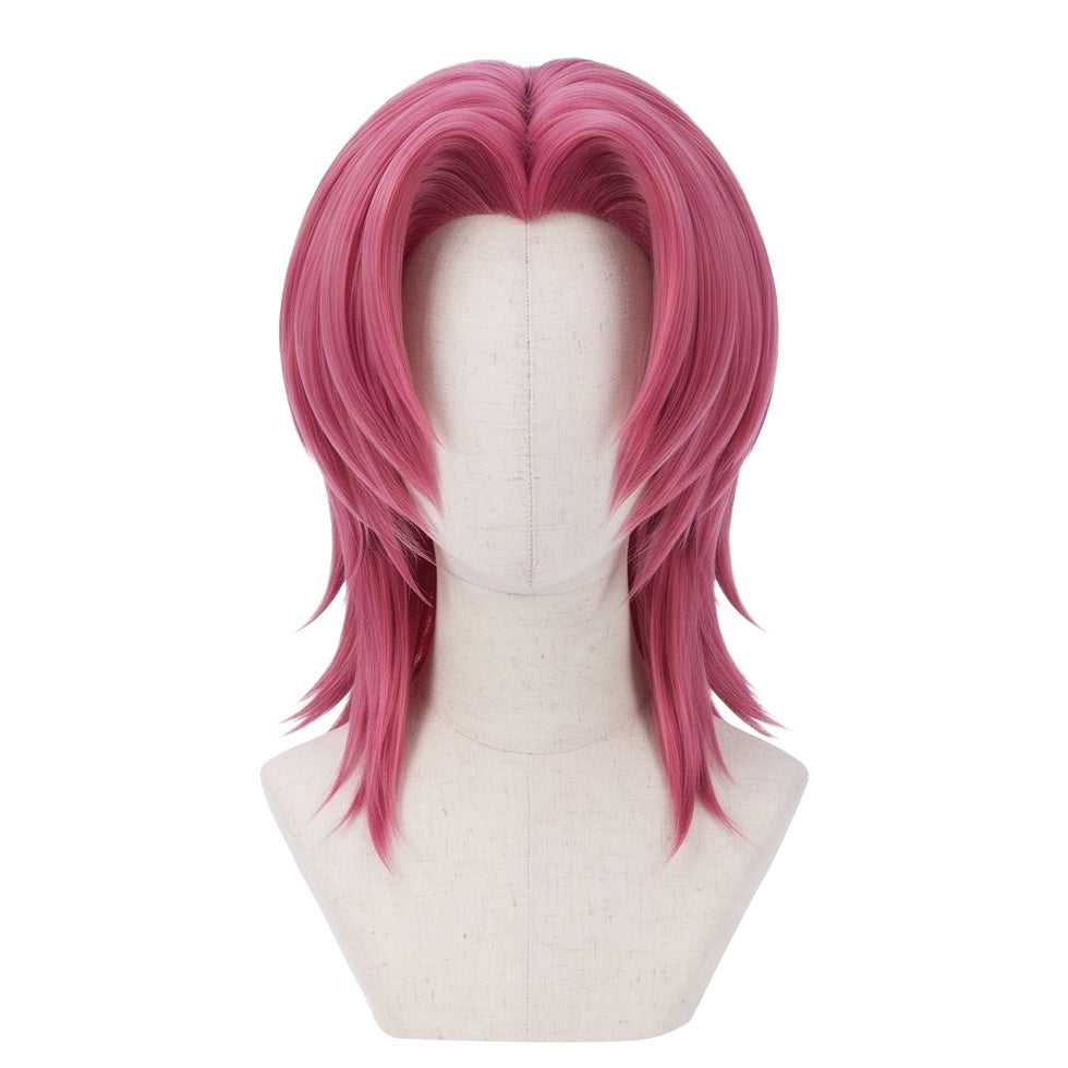 Romance Saja cosplay wig from KPop Demon Hunters featuring a handcrafted voluminous pink hairstyle sculpted into a heart-shaped silhouette with dramatic fantasy idol styling