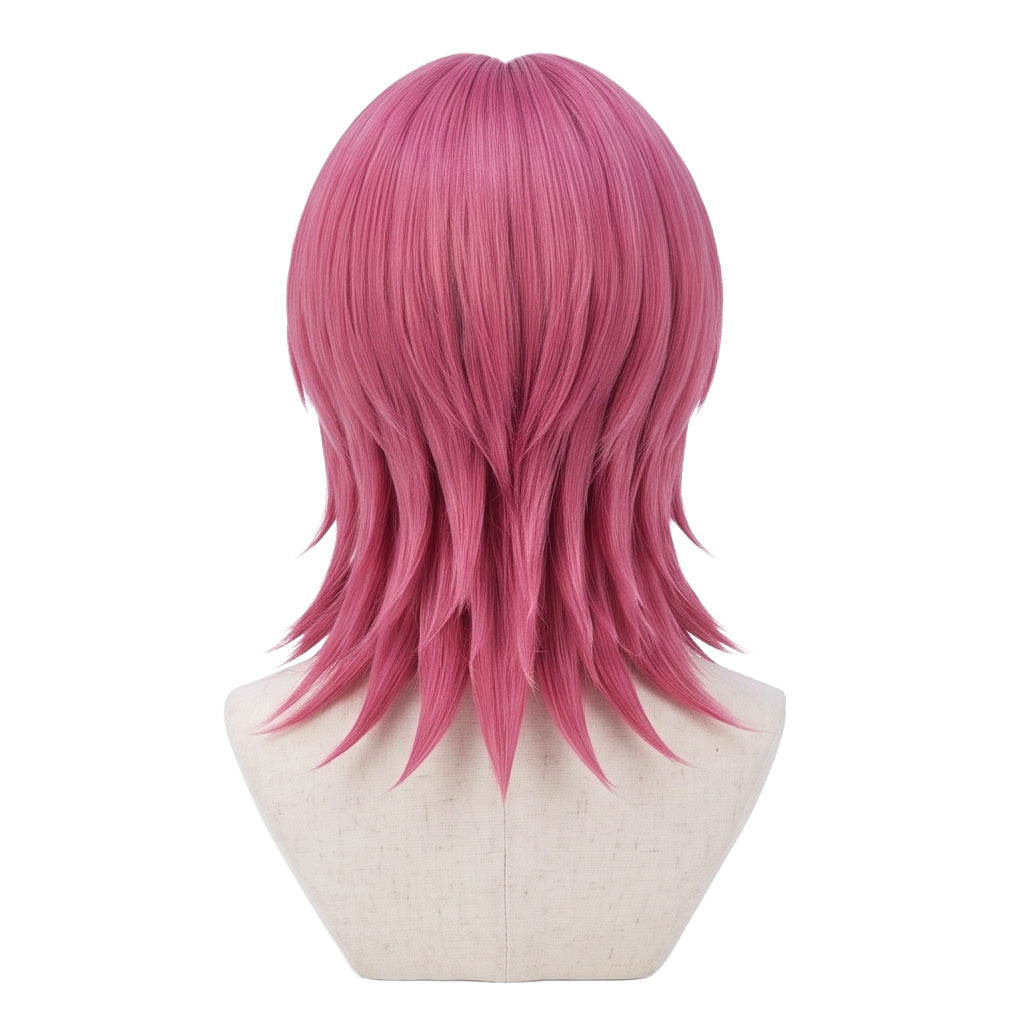 Back view of Romance Saja cosplay wig showing the full voluminous pink hairstyle, rounded heart-inspired shape, layered synthetic fibers, and character-accurate silhouette