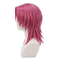 Left side view of Romance Saja wig showing the large pink heart-shaped hair design, rounded volume, curved layers, and professionally styled KPop Demon Hunters cosplay details