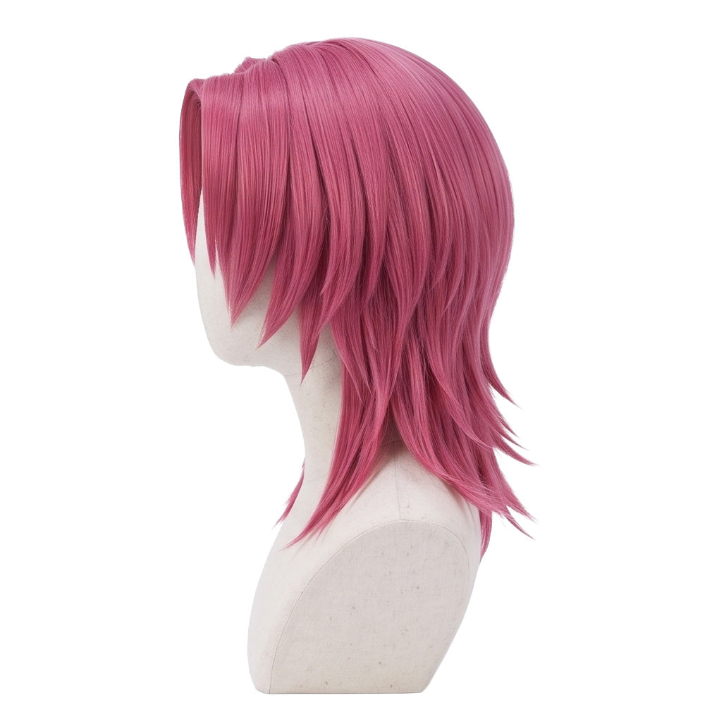 Left side view of Romance Saja wig showing the large pink heart-shaped hair design, rounded volume, curved layers, and professionally styled KPop Demon Hunters cosplay details