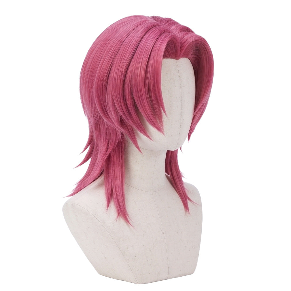 3/4 view of Romance Saja cosplay wig displaying the signature voluminous pink heart hairstyle, sculpted shape, and handcrafted character wig design from KPop Demon Hunters