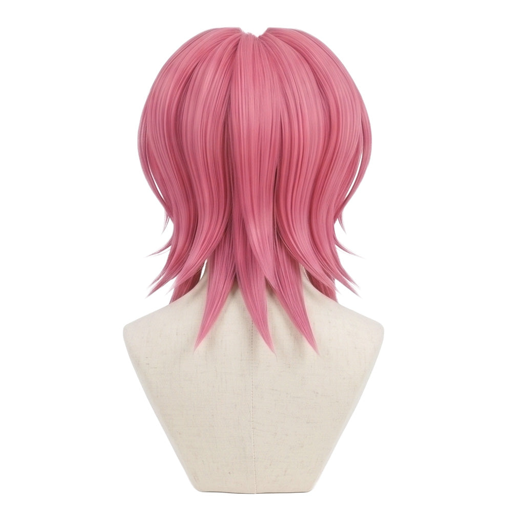 Back view of Romance Saja pink cosplay wig with full volume