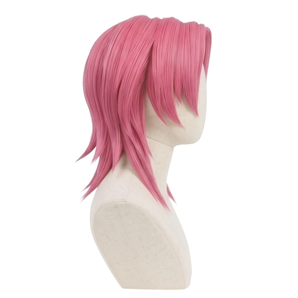Right side view of Romance Saja cosplay wig with unstyled pink fibers
