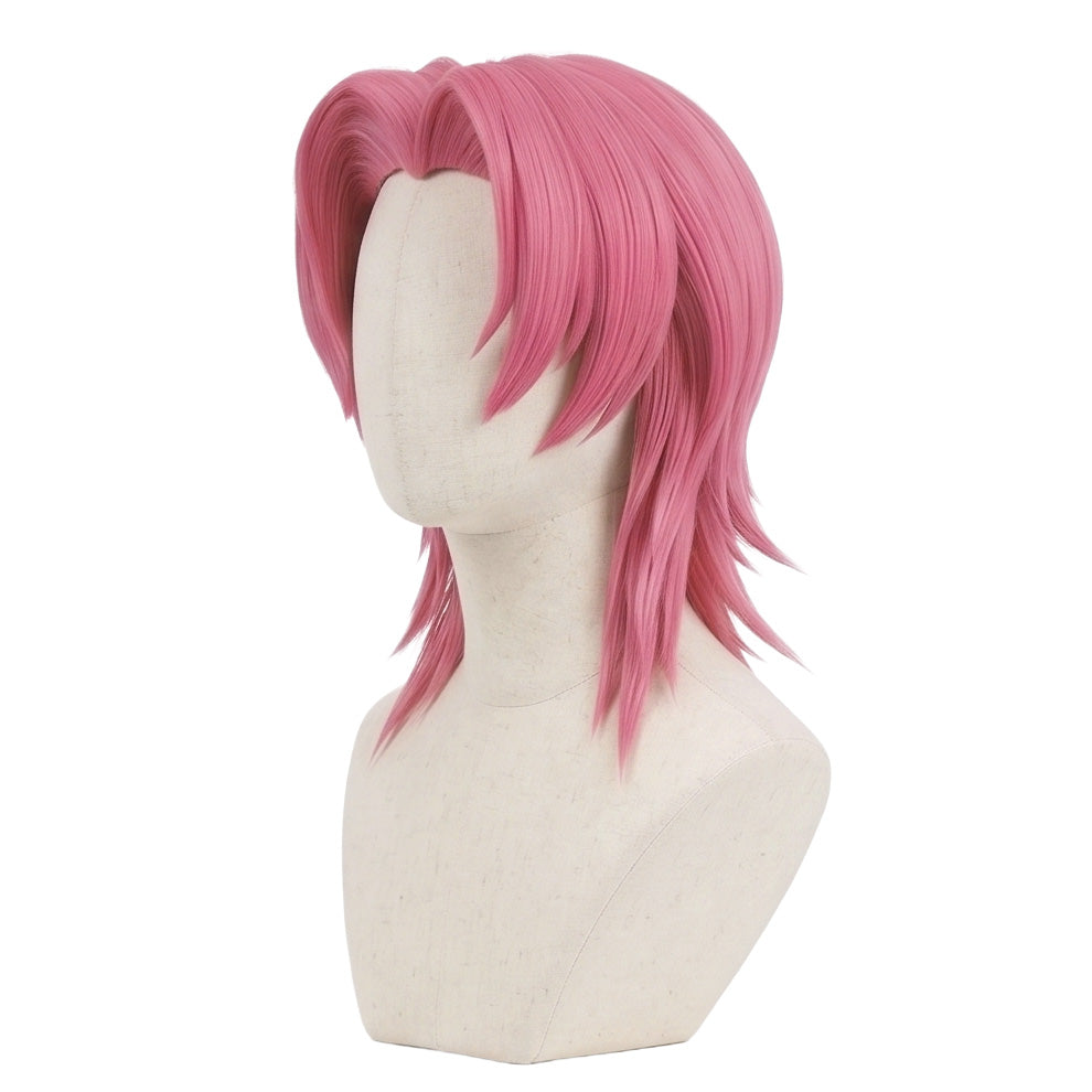 Three-quarter view of Romance Saja voluminous pink heart-shaped cosplay wig